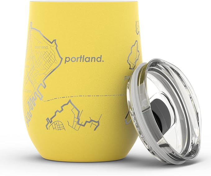Well Told Engraved Portland Maine Map Insulated Wine Tumbler, Etched Stainless Steel Cup (12 oz, Sunrise Yellow) City Map Insulated Tumbler, Custom Insulated Tumbler, Outdoor Drinkware