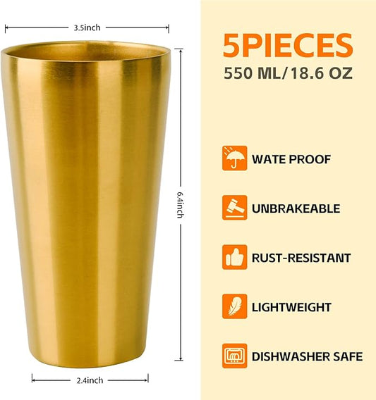 5 Pack 18.6 oz Stainless Steel Insulated Cup, Double Wall Vacuum Small Metal Cup, Reusable Camping Cups Unbreakable Indoor Outdoor for Party, Home, Office, BBQ, Gold