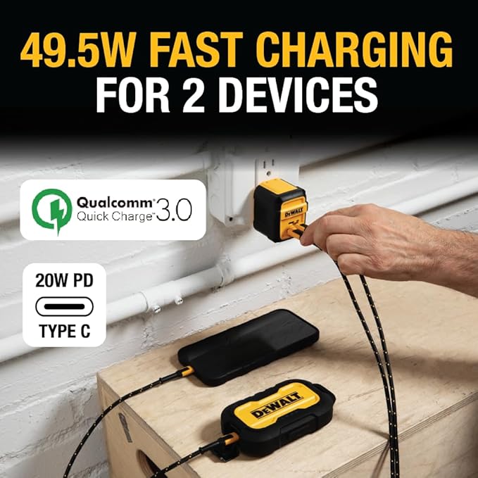 DEWALT Heavy Duty 49.5W Dual USB & USB C Charger Block (Cable Not Included), USBC Power Adapter, 2 Port Compact Foldable Fast Wall Charger for iPhone 17/16/15/14 Galaxy Pixel 4/3 iPad - Black & Yellow