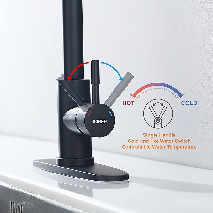 Keer Matte Black Single Handle Pull Down Kitchen Faucet with Soap Dispenser, 3 Modes Sprayer, Deep Plating Metal Finish, Easy Assembly, 20-Inch