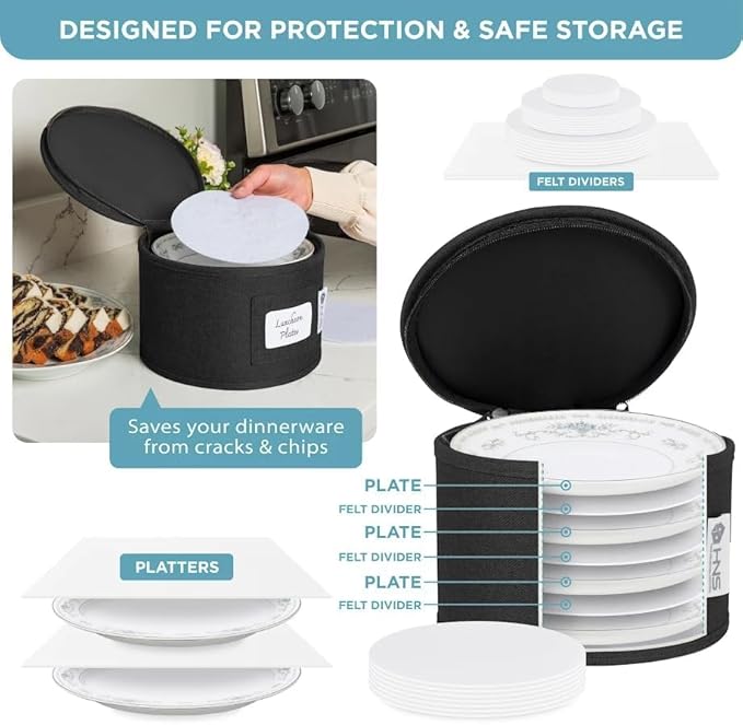 Hard Shell China Storage Containers 12-Piece Set Moving Boxes for Dinnerware, Glasses, Plates, Mugs and Saucers Sturdy Dish Organizer with Dividers for Seasonal Storage - Service for 12 - Black