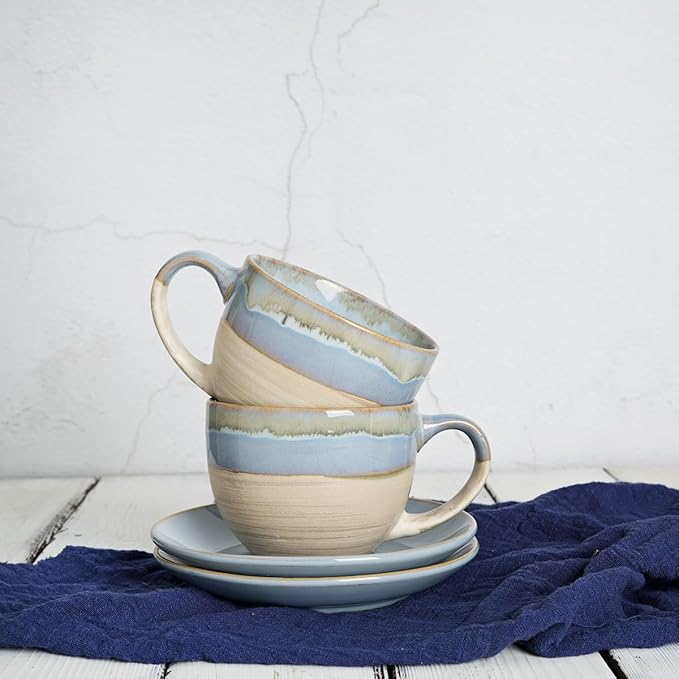 Bosmarlin Ceramic Cappuccino Cup and Saucer Set of 2, 10 Oz, Coffee Cups for Latte, Espresso, Tea, Dishwasher and Microwave Safe, Reavtive Glaze (Light Blue)