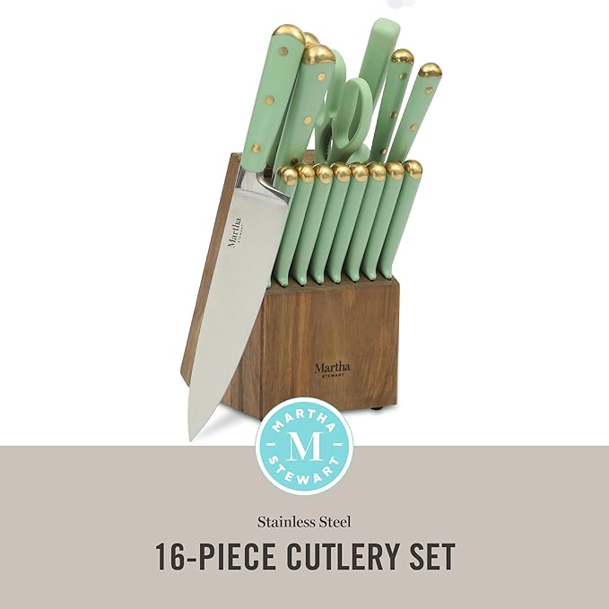 Martha Stewart 16 Piece Lockton High Carbon Stainless Steel Cutlery Kitchen Knife Block Set W/ABS Tripe Riveted Forged Handle Acacia Wood Block - Sage Green W/Gold
