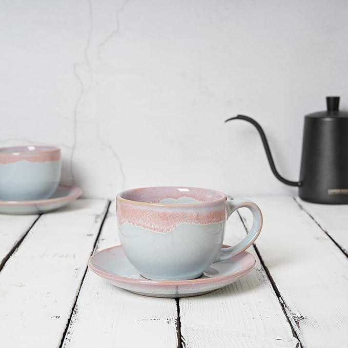 Bosmarlin Ceramic Cappuccino Cup and Saucer Set of 2, 9 Oz, Coffee Cups for Latte, Espresso, Tea, Dishwasher and Microwave Safe, Reavtive Glaze (Purple)