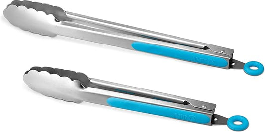 304 Stainless Steel Kitchen Cooking Tongs, 9" and 12" Set of 2 Sturdy Grilling Barbeque Brushed Locking Food Tongs with Ergonomic Grip, Blue