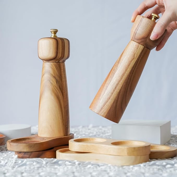 Pepper Grinder, Pepper Mill with Adjustable Stainless Steel, Acacia Wood, 20.5 cm/8 inch Height, Bottom Dia: 6 cm/2.36 inch (Tray is NOT Included)