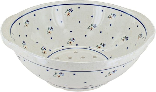 Blue Rose Polish Pottery - Off-white Country Meadow Colander - 9.5" Diameter - Hand-Painted Polish Pottery Ceramic Kitchen Strainer with Handles