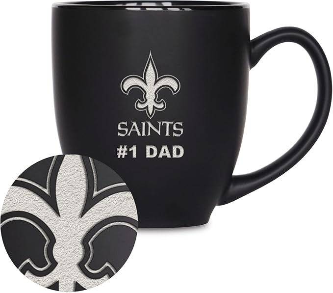 Rico Industries NFL Football #1 Dad 15oz Laser Engraved Matte Black Ceramic Bistro Mug - for Hot or Cold Drinks