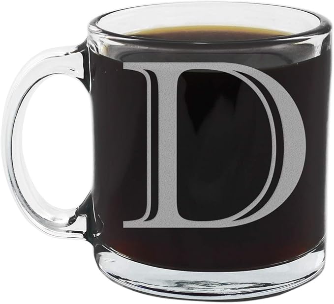 Etched Monogram 12oz Clear Glass Coffee Mug (Letter D), A-Z Customized Gifts for Coffee Lovers, Custom Engraved Gifts for Women Her, Personalized Gift for Men, Initial