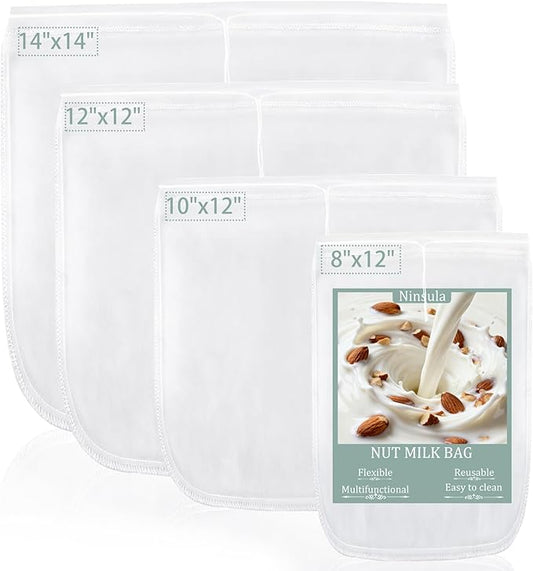 4PCS Nut Milk Bag, Food Grade Nylon Cheese Cloth Bag, Straining Reusable Fine Mesh Strainer for Tea, Yogurt, Juice, Cheese, Soup, Herbs, Vegetable Juice (8"x12"/14"x14"/10"x12"/12"x12")