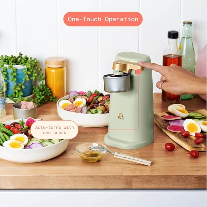 Beautiful Electric Can Opener with Auto-Turn, Magnetic Lid Holder, Knife Sharpener, Bottle Opener, Removable Lever, Cord Storage, No-Tilt Base, Stainless Steel Blade, 70W (Sage Green)