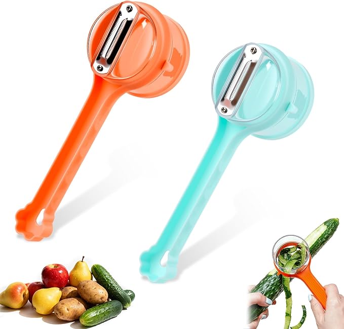 2Pcs Kitchen Special Fruit Peeler with Box Storage,Double-Sided Stainless Steel Multi-Function Peelers,Vegetable Peeler with Catcher,Fast Peeling Tool for Fruit and Vegetables Cooking (Orange+Blue)