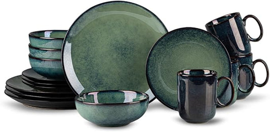 16 Piece Dinnerware Sets for 4， Scratch Resistant,microwave oven and Dishwasher Safe Plates and Bowls Sets Ceramic, Dish Set, Bowl and Plate Set -Kiln turns foggy green
