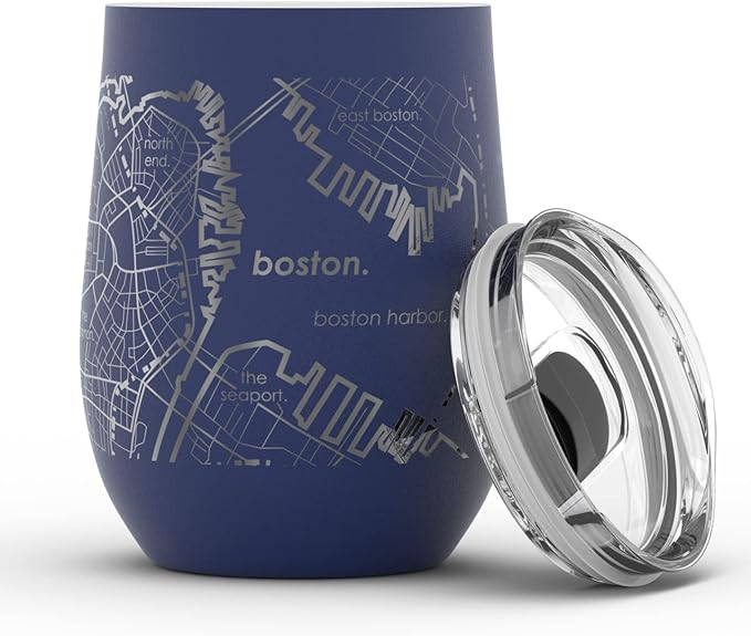 Well Told Engraved Boston Massachusetts Map Insulated Wine Tumbler, Etched Stainless Steel Cup (12 oz, Midnight Blue) City Map Insulated Tumbler, Custom Insulated Tumbler, Outdoor Drinkware