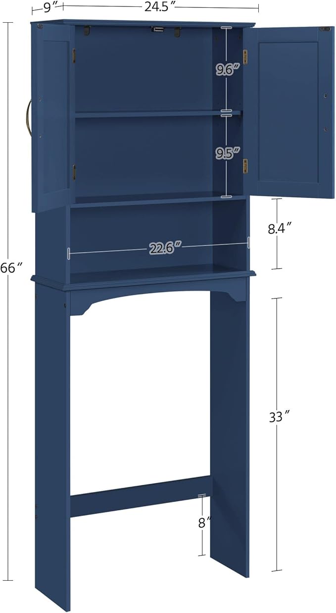 Yaheetech Over The Toilet Storage with 2 Doors & Adjustable Shelf, Free Standing Toilet Rack Wooden Space-Saving Collect Cabinet, Bathroom Furniture, L24.5xW9xH66 in, Navy Blue