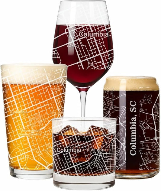 Blue Ridge Mountain Gifts - Columbia Souvenir - South Carolina Glassware Gift, Etched City Map, Laser Engraved and Dishwasher Safe