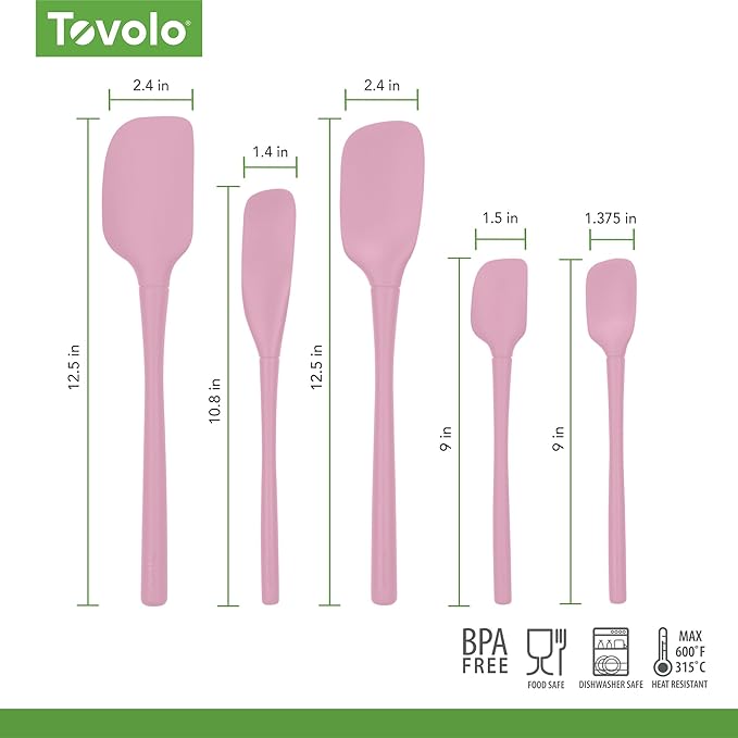 Tovolo Flex Core Spatula All Silicone Spatula Set High Heat Resistant Set of 5 Cooking Utensils Set Includes Spatula Spoonula Jar Scraper and Mini Dishwasher Safe Non Stick Cookware, Pink Sorbet