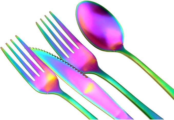 Rainbow Reusable Utensils with Case Camping Travel Silverware Set,Portable Stainless Steel Cutlery Set - Matte Flatware Set Knife Fork Spoon Mirror Straws Chopsticks - for Office Lunch, Hiking,School
