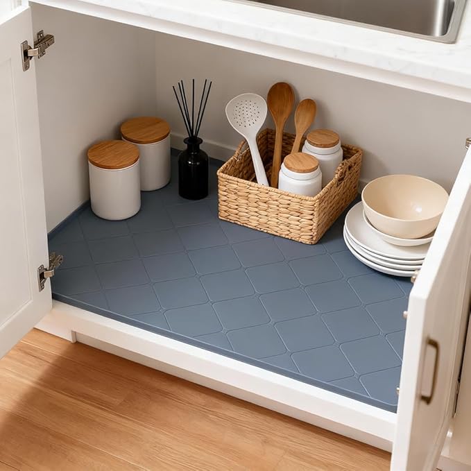 Under Sink Mats for Kitchen : Waterproof 19" x 22" Under-Sink Organizers Sink Mat Protectors, Flexible Silicone Drip Tray Pet Food Mats Kitchen Bathroom Drawer Shelf and Cabinet Liner, Grey