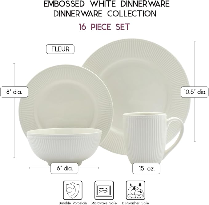 Tabletops Gallery Embossed Bone White Porcelain Round Dinnerware Collection- Chip Resistant Scratch Resistant, Fleur 16 Piece Dinnerware Set (Dinner Plate, Salad Plate, Cereal Bowl, Mug)