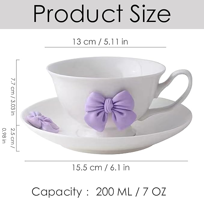 Bow Coffee Mugs Set with Saucer 200 ML Coquette Mug Porcelain Bow Cute Tea Cup Coffee for Women Girl