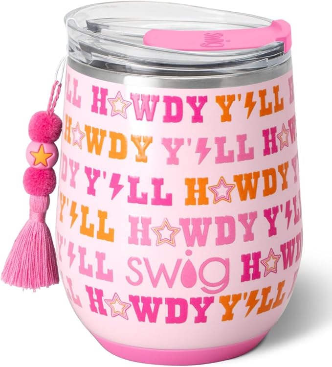 Swig Life 12oz Wine Tumbler with Lid, Stainless Steel, Dishwasher Safe, Portable, Triple Insulated Wine Tumbler (Howdy Yall)