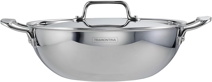 Tramontina Utsava Tri-Ply Clad Stainless Steel 4-Quart Kadai with Lid and Ceramic Non Stick Interior, Induction-Ready Large Kadhai Pot for Indian Cooking