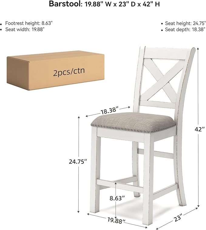 Signature Design by Ashley Robbinsdale Farmhouse Upholstered Barstool, Set of 2, X-Back, Nailhead Trim, Wood, 24.75" H, White & Light Gray