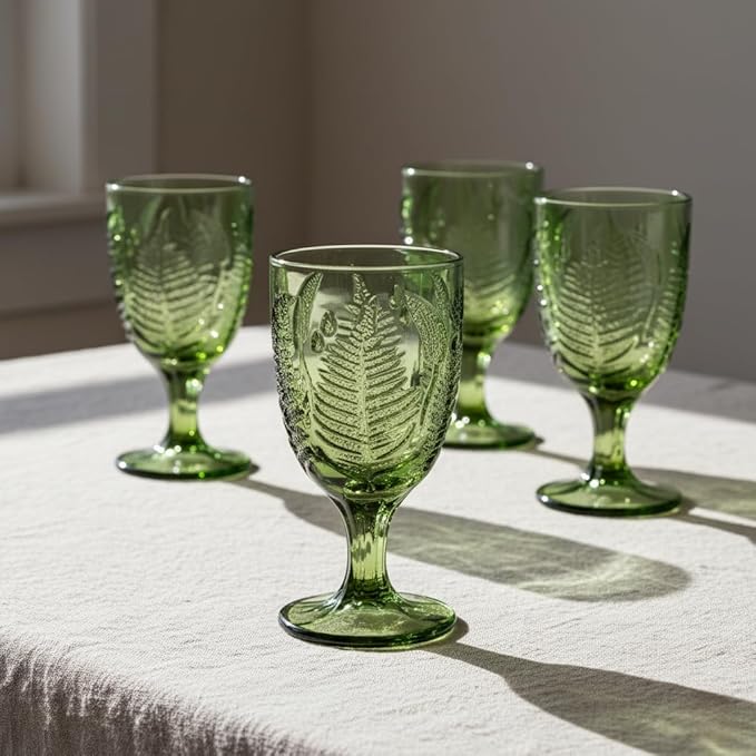 Green Glass Goblets Set of 4 – 10 oz Vintage Glassware Decorative Wine Glasses, Colored Cute Goblet Drinking Cups, Unique Textured Water Cup Sets, Colorful Aesthetic Pretty Drinkware & Christmas Gifts