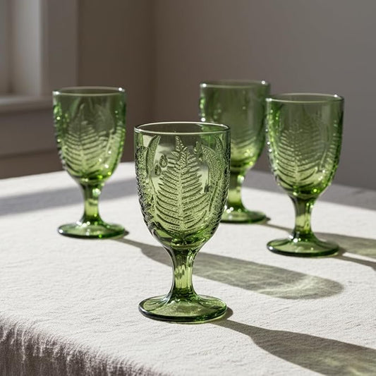 Green Glass Goblets Set of 4 – 10 oz Vintage Glassware Decorative Wine Glasses, Colored Cute Goblet Drinking Cups, Unique Textured Water Cup Sets, Colorful Aesthetic Pretty Drinkware & Christmas Gifts