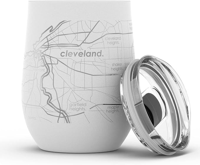 Well Told Engraved Cleveland Ohio Map Insulated Wine Tumbler, Etched Stainless Steel Wine Tumbler (12 oz, White) City Map Insulated Tumbler, Custom Insulated Tumbler, Outdoor Drinkware