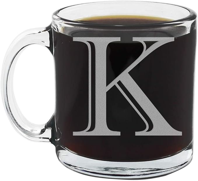 Etched Monogram 12oz Clear Glass Coffee Mug (Letter K), A-Z Customized Gifts for Coffee Lovers, Custom Engraved Gifts for Women Her, Personalized Gift for Men, Initial