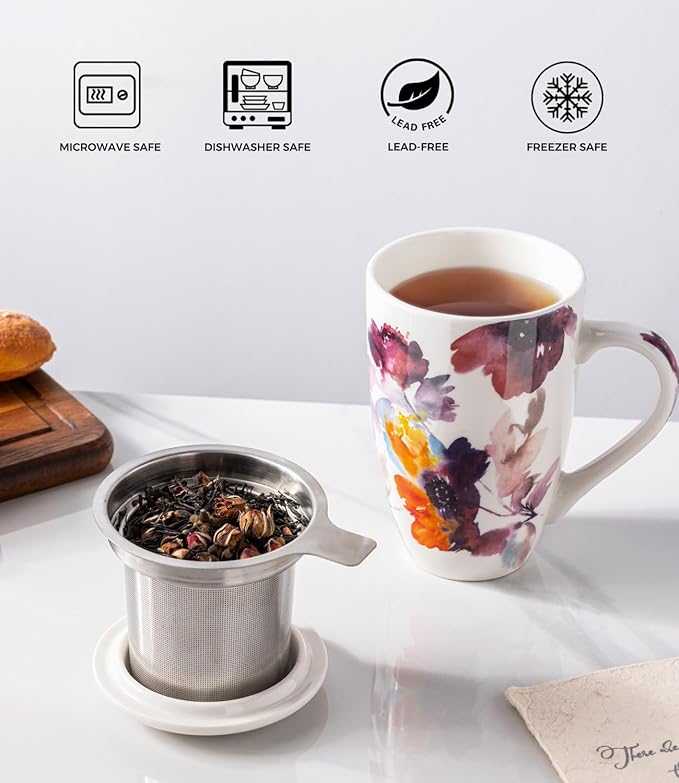 AmorArc Porcelain Tea Mug with Infuser and Lid, 18 Oz Tea Cup with Handle for Loose Leaf Tea, Gift for Tea Lovers of Men and Women