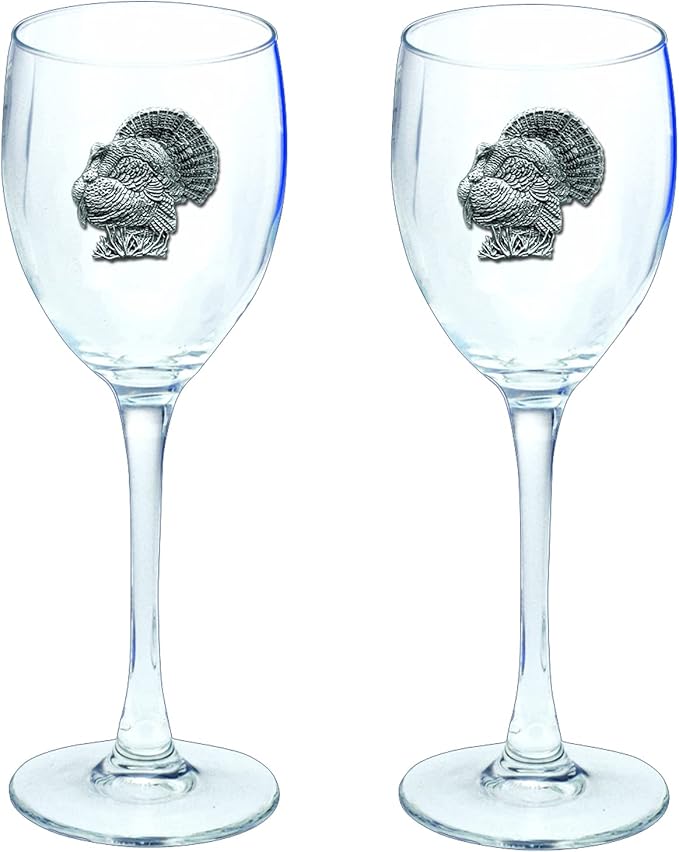 Heritage Pewter Turkeys Glass Goblets – Set of 2 | 12 OZ Goblet Wine Glasses | Expertly Crafted Pewter Glass