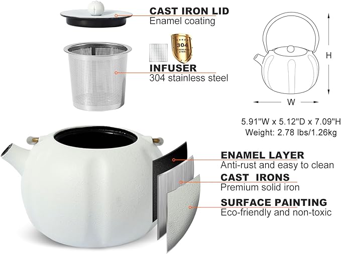 VICSKY Small Pumpkin Cast Iron Teapot (White), Japanese Cast Iron Tea Kettle Stovetop Safe with Stainless Steel Infuser,Small Iron Teapot for Loose Tea, 1-2 People (27oz/800ml)