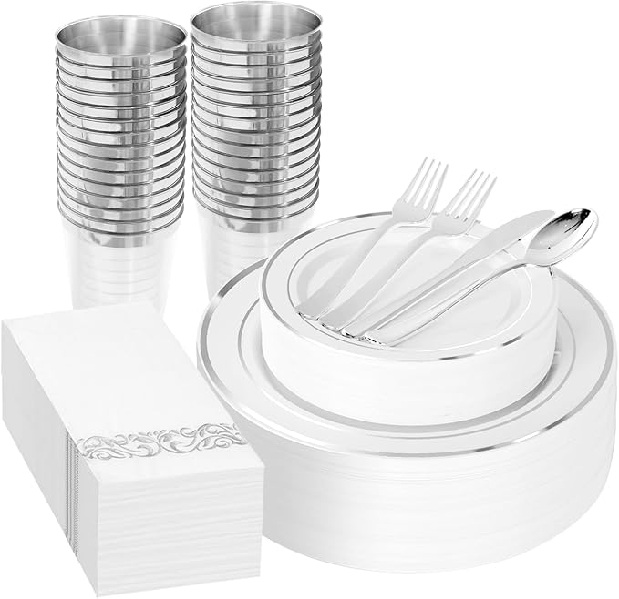 Supernal 200pcs Silver Plastic Dinnerware Sets for 25 Guests included Silver Silverware Set & Plastic Plates heavy duty Disposable Cups and Paper Napkins Disposable for Party Birthday and Wedding