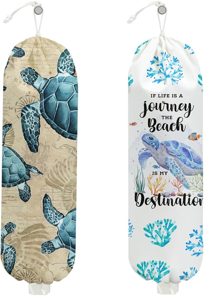 2PCS Sea Turtle Plastic Bag Holder, Wall Mount Grocery Bag Holder for Plastic Storage bag, Ocean Theme Storage Organizer Reusable Grocery Bags Kitchen Dispenser, Turtle Gifts for Women Mom Grandma