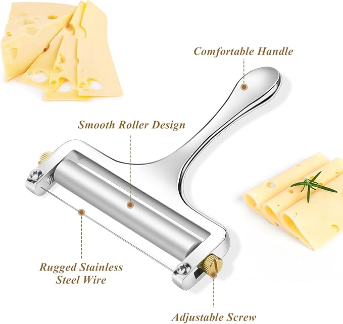 Stainless Steel Cheese Slicer - Professional Cutter for Raclette, Cheddar, Gruyere, Mozzarella Cheese Block Adjustable Thickness With 3 Extra Wires