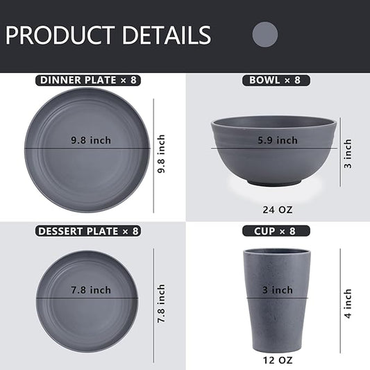 Supernal 32pcs Wheat Straw Dinnerware Sets,Unbreakable Dinnerware Sets for 8,Reusable Tableware,Dishes Set for 8,Plates and Bowls Set Dark Grey Include16pcs Plates, 8pcs Bowls, 8pcs Cups