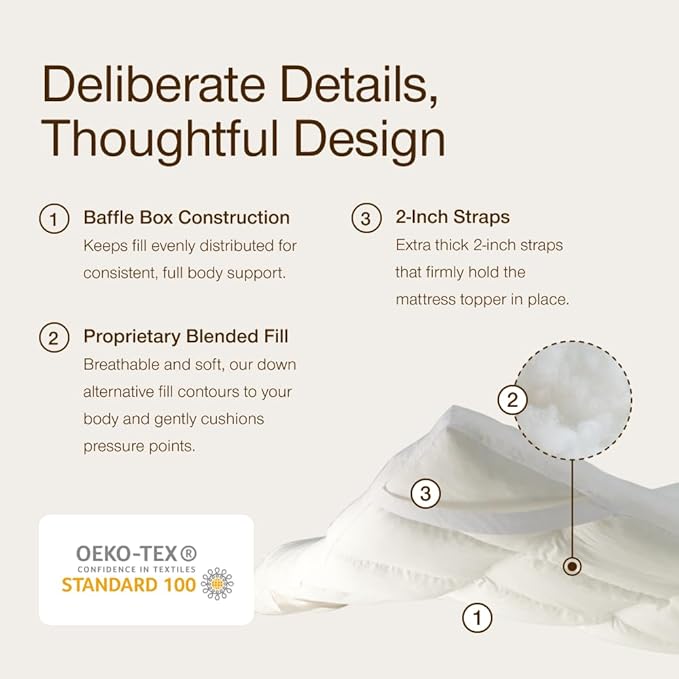 Coop Home Goods Essence Down Alternative Mattress Topper Twin XL, Plush 2-Inch Gusset and Baffle Box Design for Even Support and Comfort, Premium Bed Topper for Pressure Relief, Oeko-TEX Certified