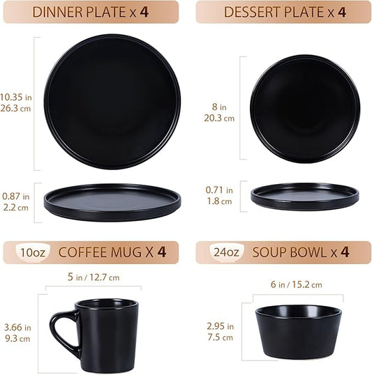 Plates and Bowls Sets for 4 - CJDC-QUELO 16 Piece Stoneware Dinnerware Sets with Mugs, Ceramic Dishware Sets for Kitchen Dining Use, Chip and Scratch Resistant Microwave Dishwasher Safe, Black