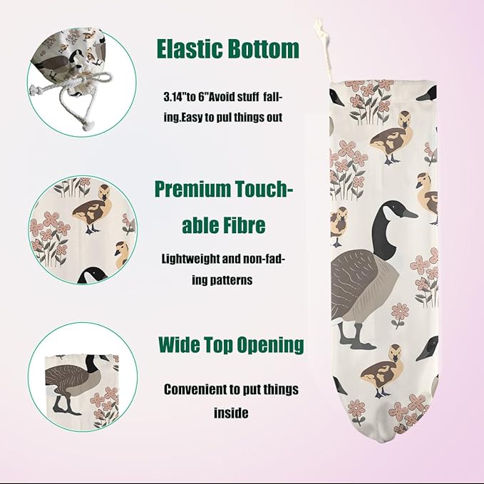 Duck Gifts Plastic Bag Holder, Wall Mount Grocery Bag Holder for Plastic Bags, Pull Rope Free Adjustment, Washable Reusable Grocery Bags Storage Dispenser for Home Kitchen, Flower Gifts for Women Mom