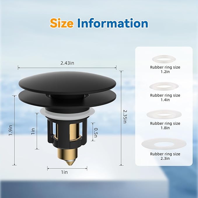 iFealClear 2 Pack Universal Bathroom Sink Stopper, Pop Up Sink Drain Strainer with Hair Catcher Basket, Fit 1.1"-2.36" US Basin, Wash Basin Drain Plug, Big Cover Cap, Brass Bounce Core, Matte Black