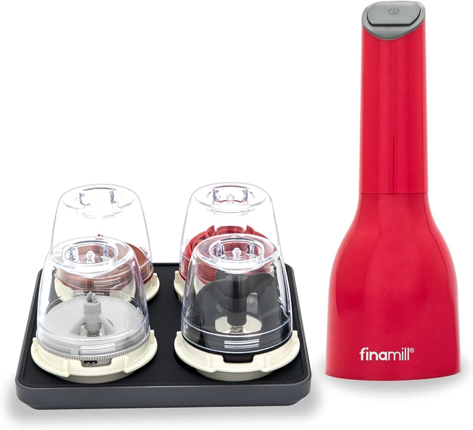 FinaMill Ultimate Gift Set – Battery Operated Spice Mill with 4 Interchangeable Spice Pods & Slate Quartet Stackable Tray, Adjustable Coarseness, Ceramic Grinder, LED Light, Easy One-Handed Operation