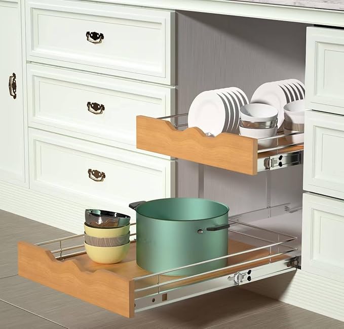 DINDON 2 Tier Pull Out Cabinet Organizer (17" W x 21" D) Slide Out Wood Shelf Double Tier Kitchen Wire Basket With Chrome Finish…