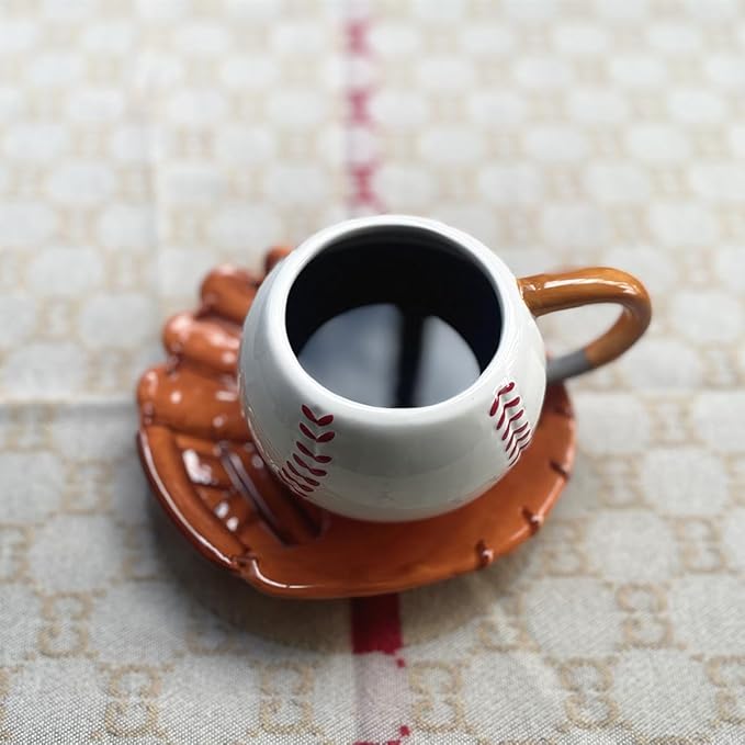 Ceramic Large Coffee Mug and Saucer set, 3D Handmade and Hand-painted Baseball and Gloves Design Tea Mug, 12oz