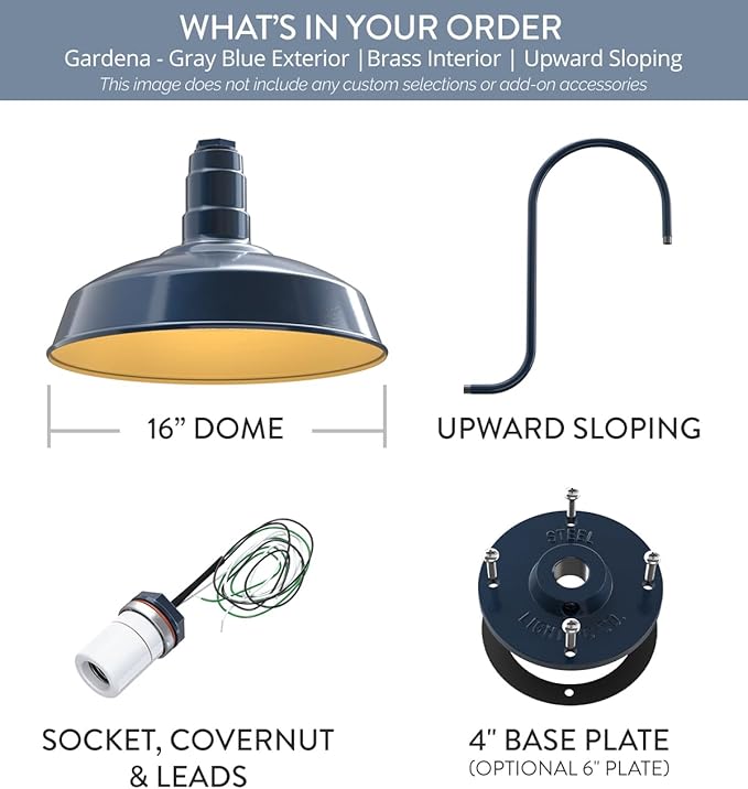 Steel Lighting Co. | Dusk to Dawn | Gardena Barn Light | Outdoor Wall Mounted | 16" Dome | Upslope Gooseneck | Farmhouse Light Made in America | Gray Blue/Brass