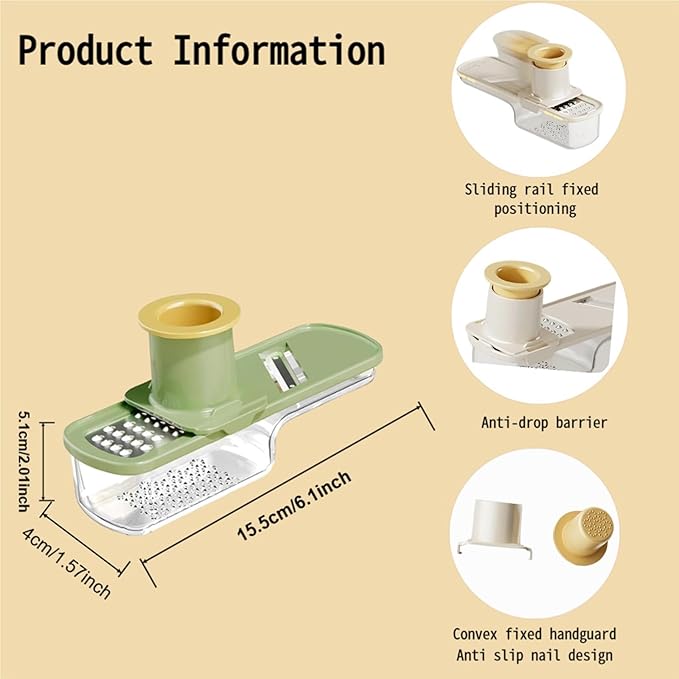 Multifunctional Garlic Grinder, 3 in 1 Mini Garlic Slicer Super Thin with Hand Guard, Vegetable Garlics Ginger Grind, Slice and Shred Mandoline Cutter with Container for Kitchen Tool (Green)