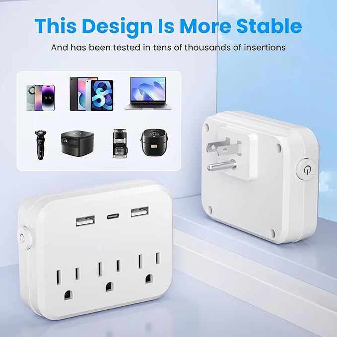 Switch with Surge Protector Mini Portable Power Strip 6-in-1 Multifunctional 3 Power Strip 2 USB Ports 1 Type-C Christmas Daily Use Item Pack of 1 White