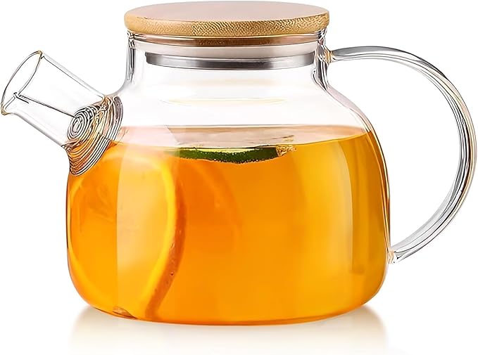 Glass Tea Pot Kettles Stovetop Safe, 33.8oz/1000ml Heatproof Borosilicate Glass Teapot Water Pitcher With Bamboo Lid and Removable Filter Spout for Loose Leaf and Blooming Tea